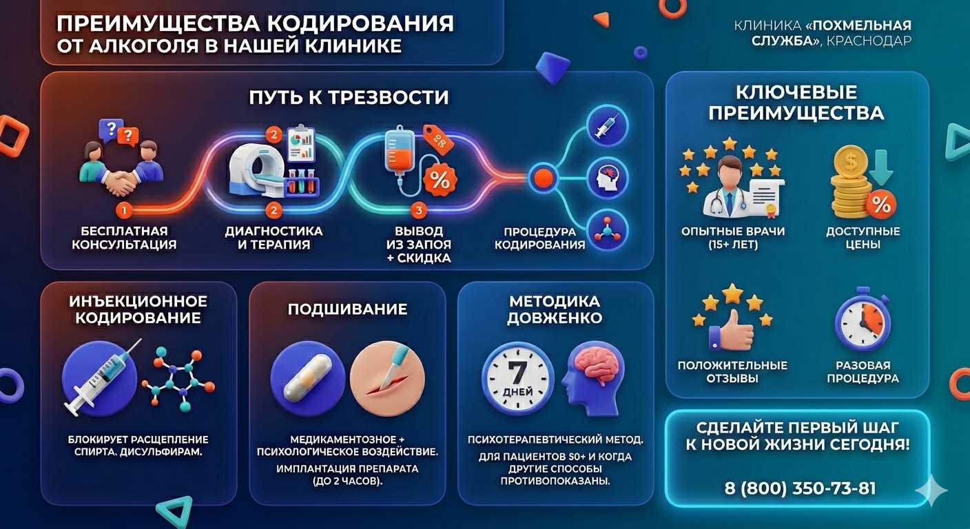 Инфографика о методах кодирования от алкоголя в Новофёдоровке: инъекции, подшивание, метод Довженко. Преимущества клиники и этапы лечения.
