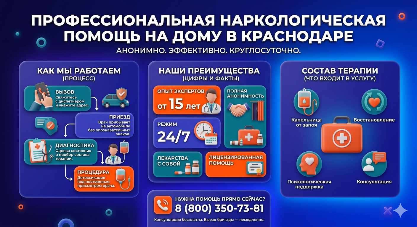 Инфографика о принципах лечения алкоголизма на дому в Новофёдоровке: этапы вызова нарколога, преимущества анонимной детоксикации и состав медицинской помощи.